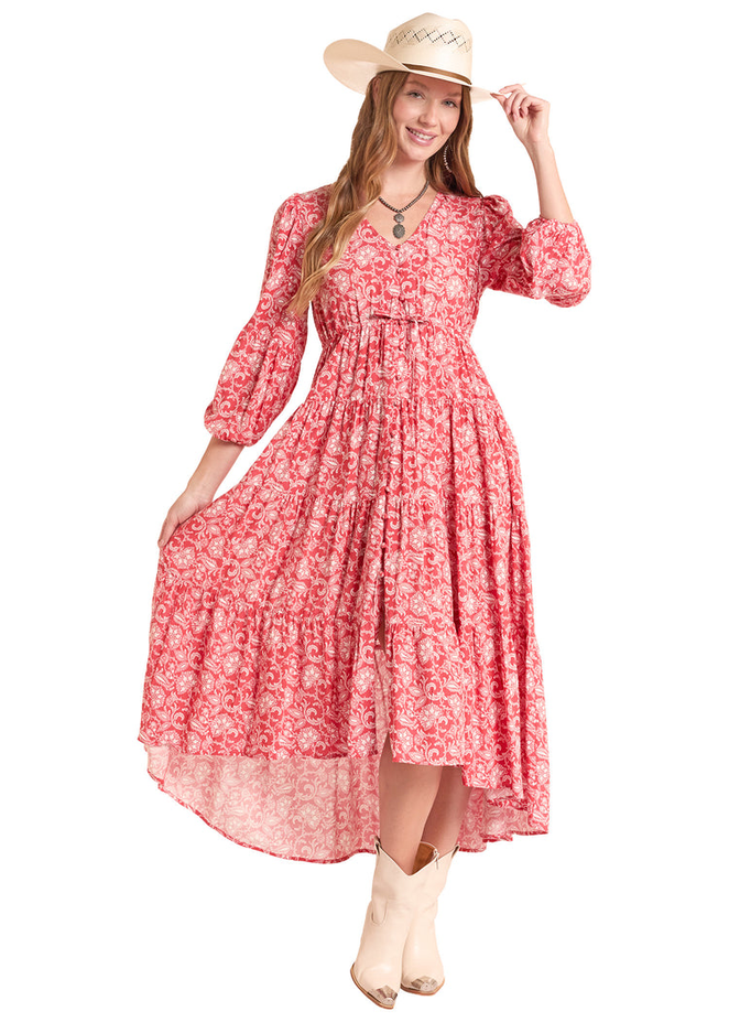western style maxi dresses Rock & Roll Denim Tiered Challis Dress Red | Women's Maxi Dress Color:Timber drop:november2021 while the airy chiffon Parker Long Dress Long