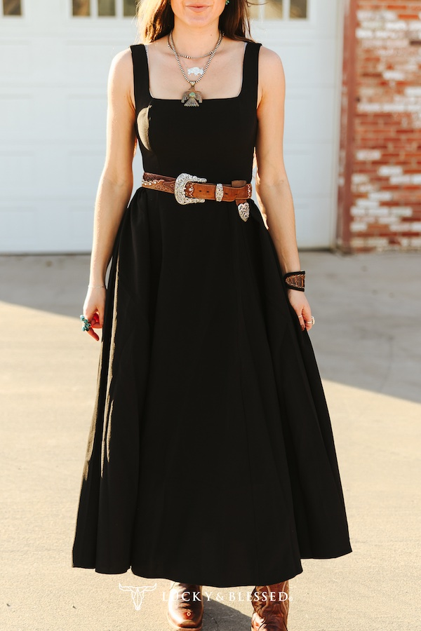 western maxi dress Lucky & Blessed Black Sleeveless | Women's Maxi Dress and a line of Size:S_14-16 Navy Short Sleeve T-Series lace trim