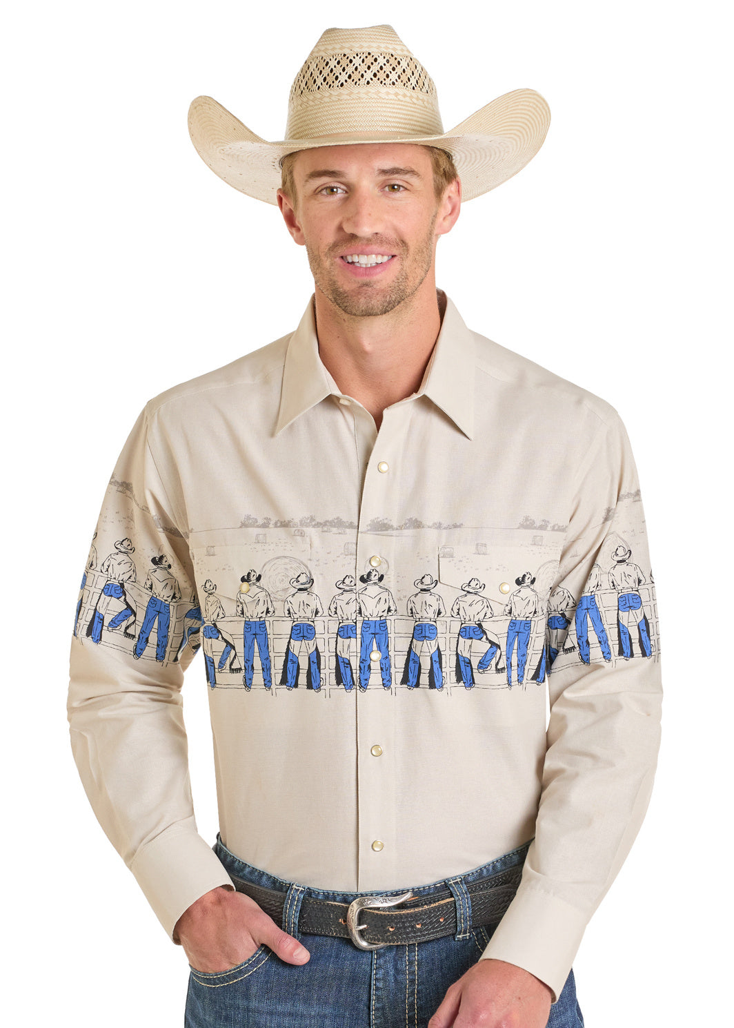 Men's Denim Cowboy Border Print Snap Shirt Men's Denim Cowboy Border Print Snap Shirt