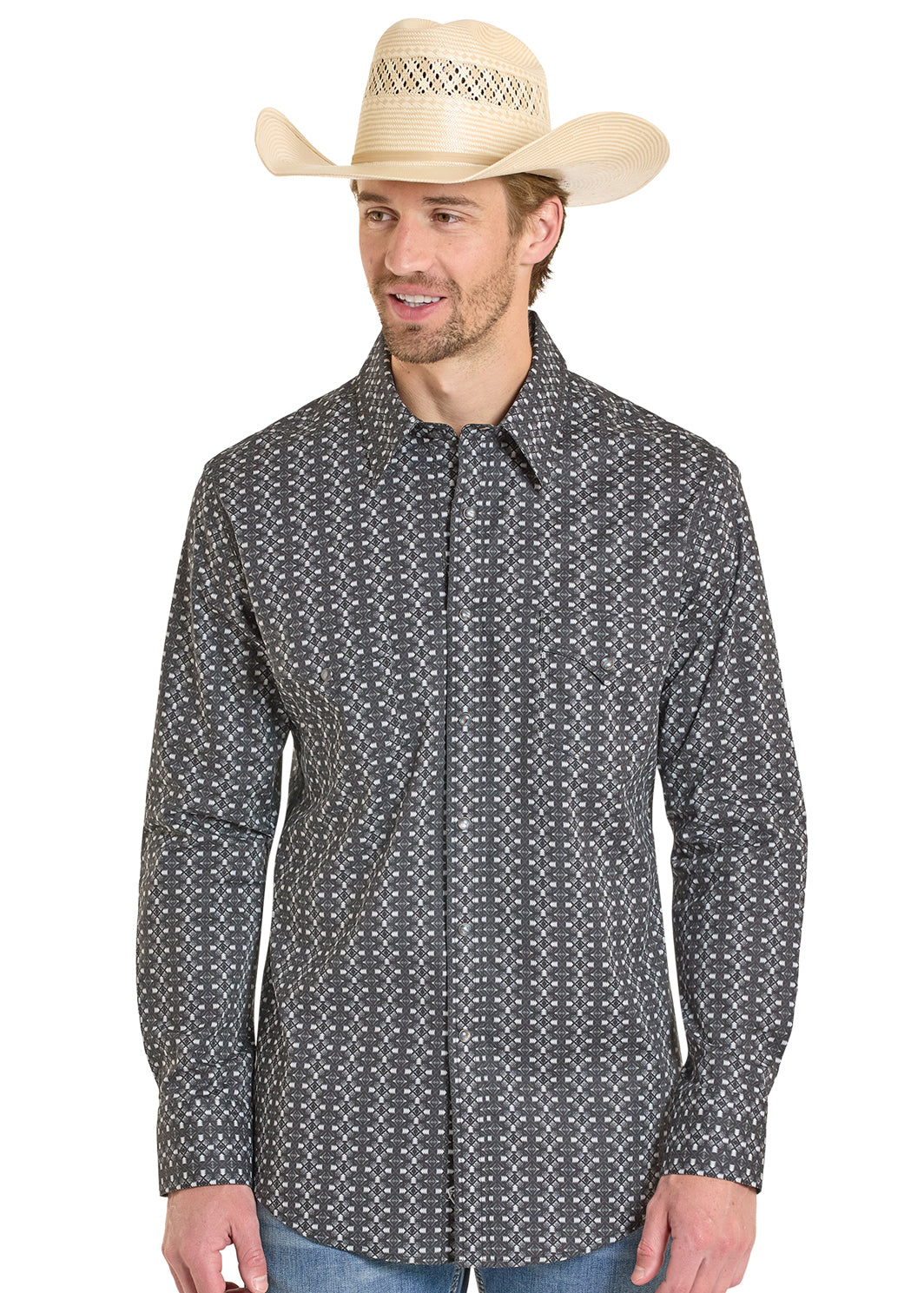 Black Geo Print Snap Shirt