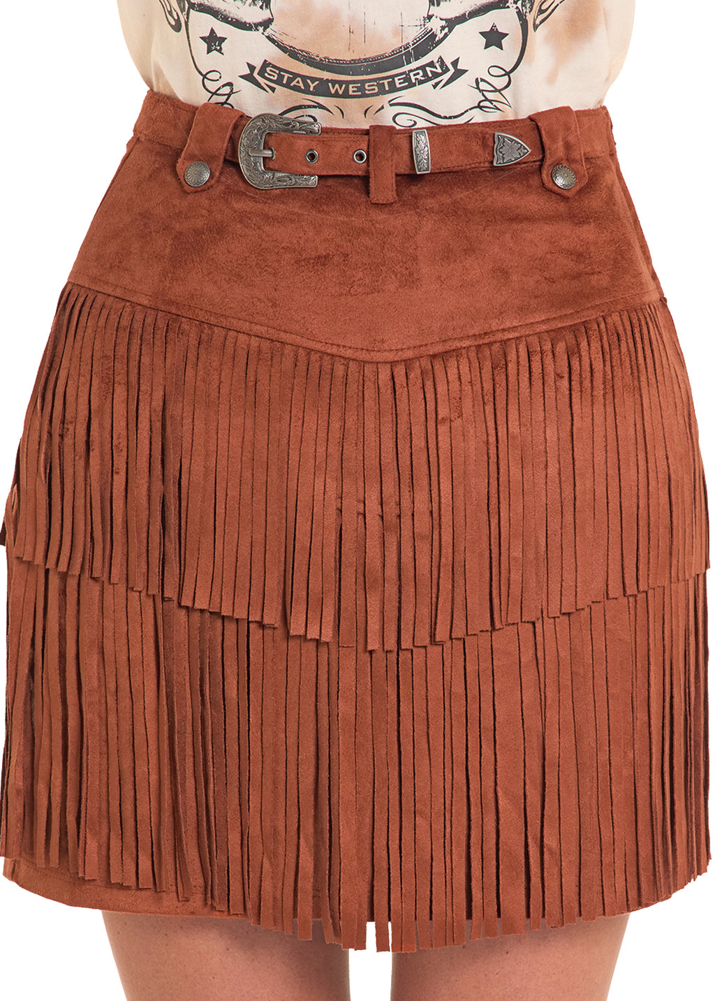 Rust Fringe Microsuede Belted Skirt