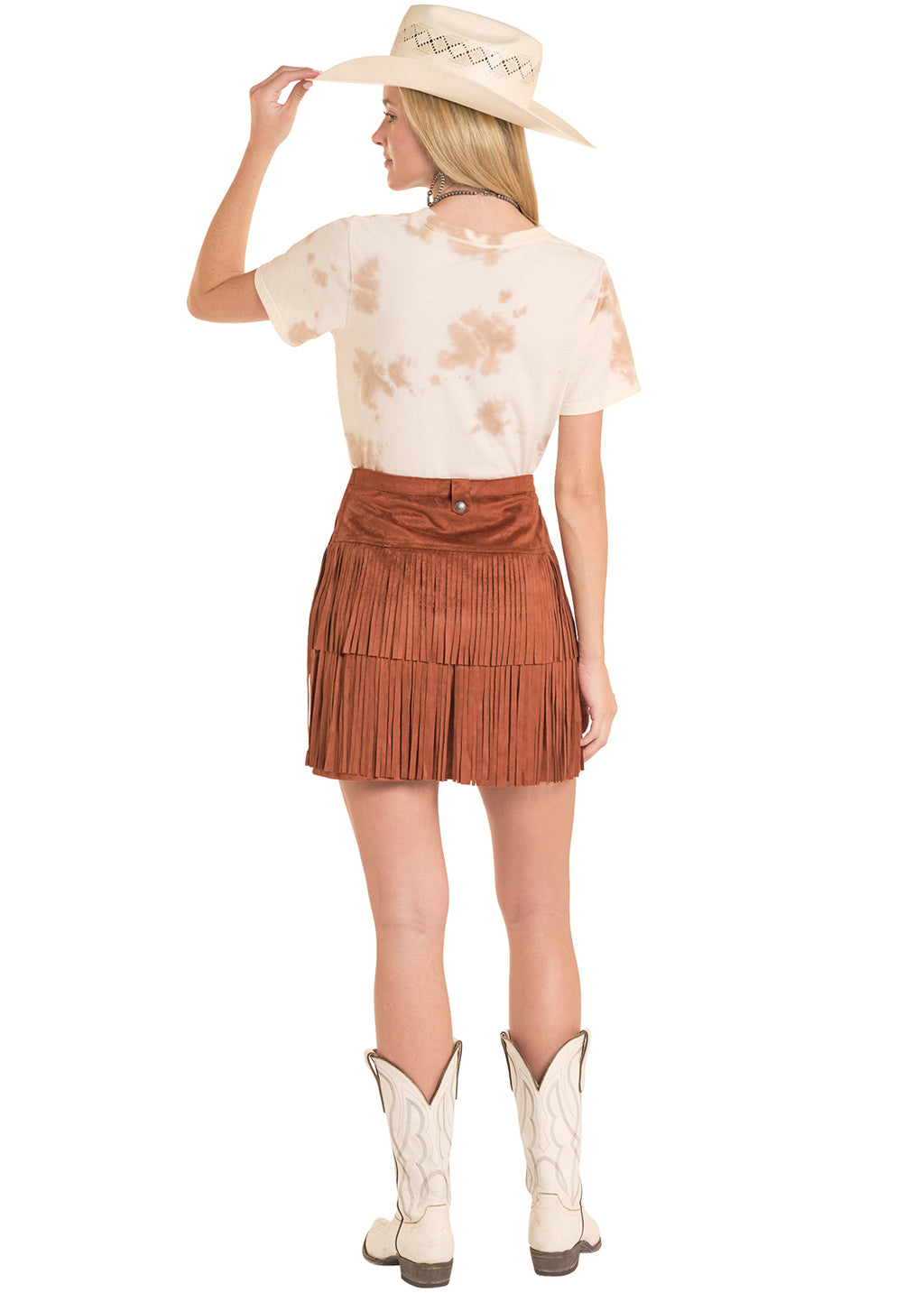 Rust Fringe Microsuede Belted Skirt