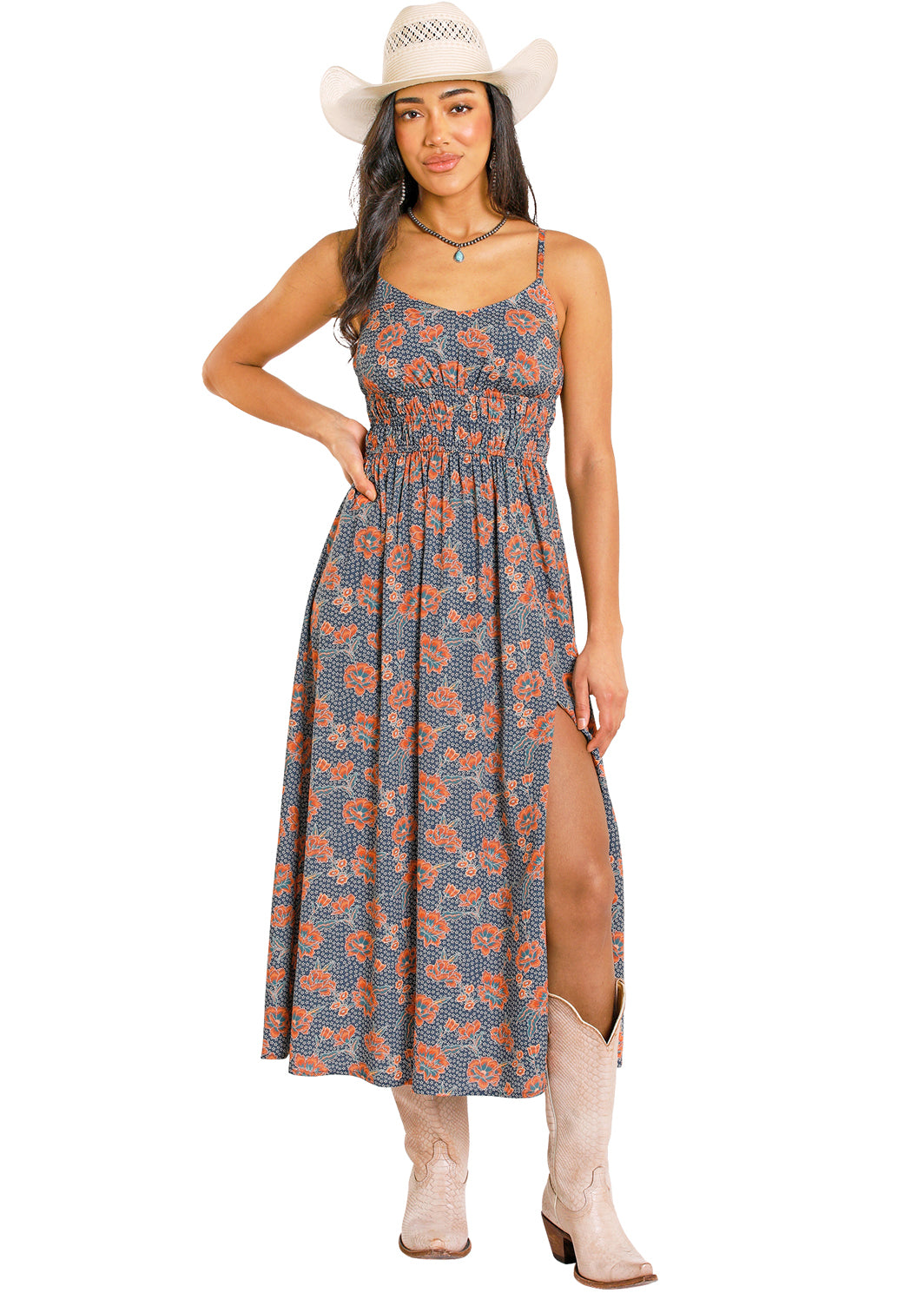 Blue Floral Print Midi Dress