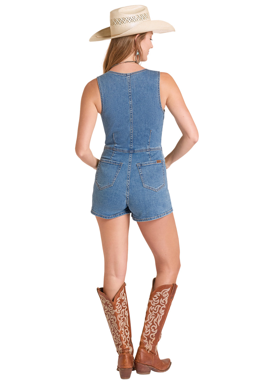 Women's Medium Wash Sleeveless Vest Romper