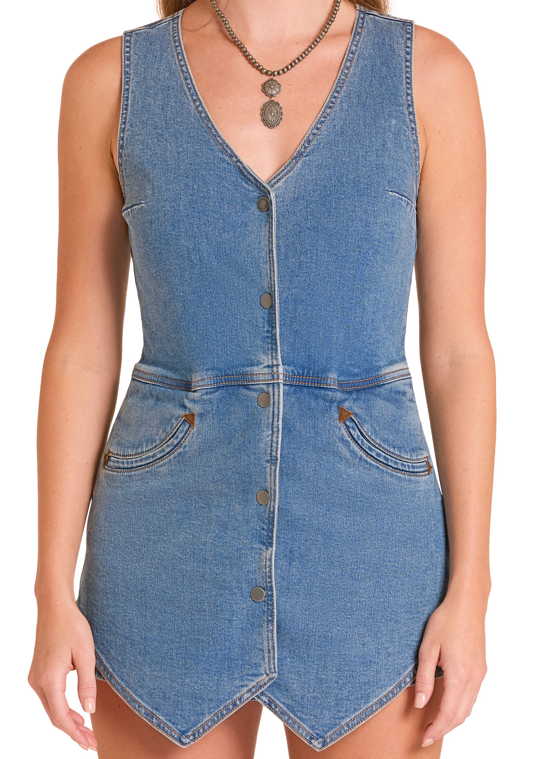 Women's Medium Wash Sleeveless Vest Romper