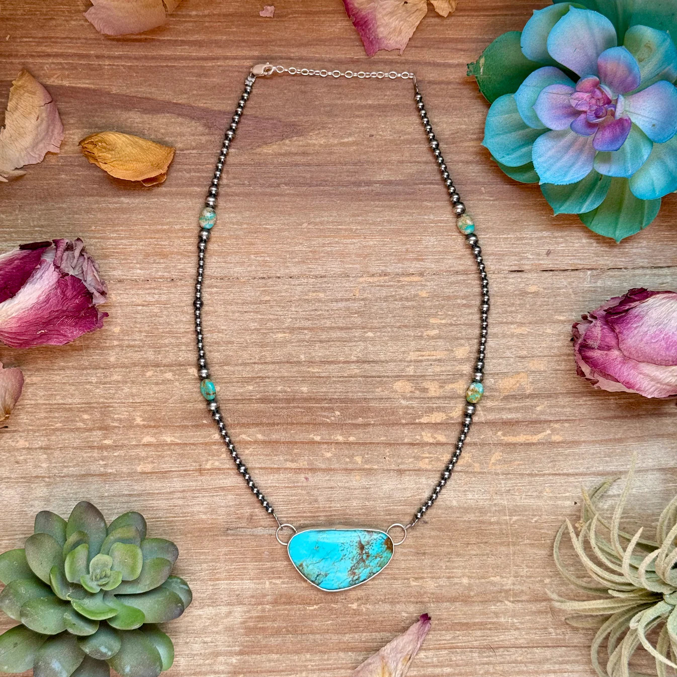 Turquoise Silversmith Pendant Necklace with Sterling Pearls