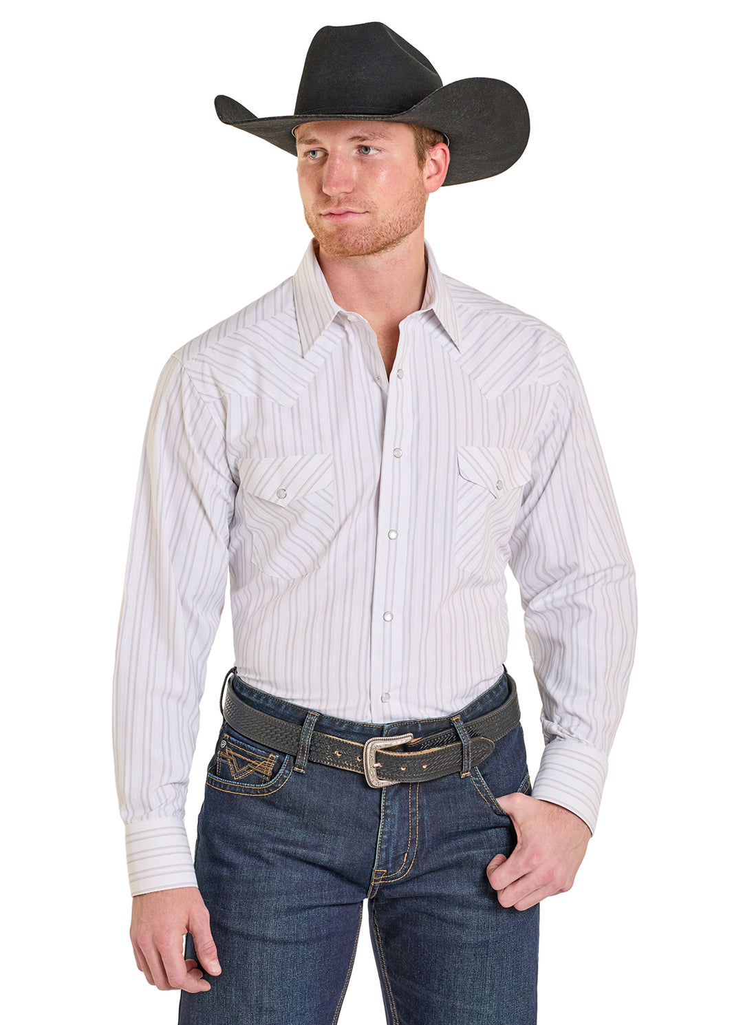 White Stripe Long Sleeve Snap Shirt