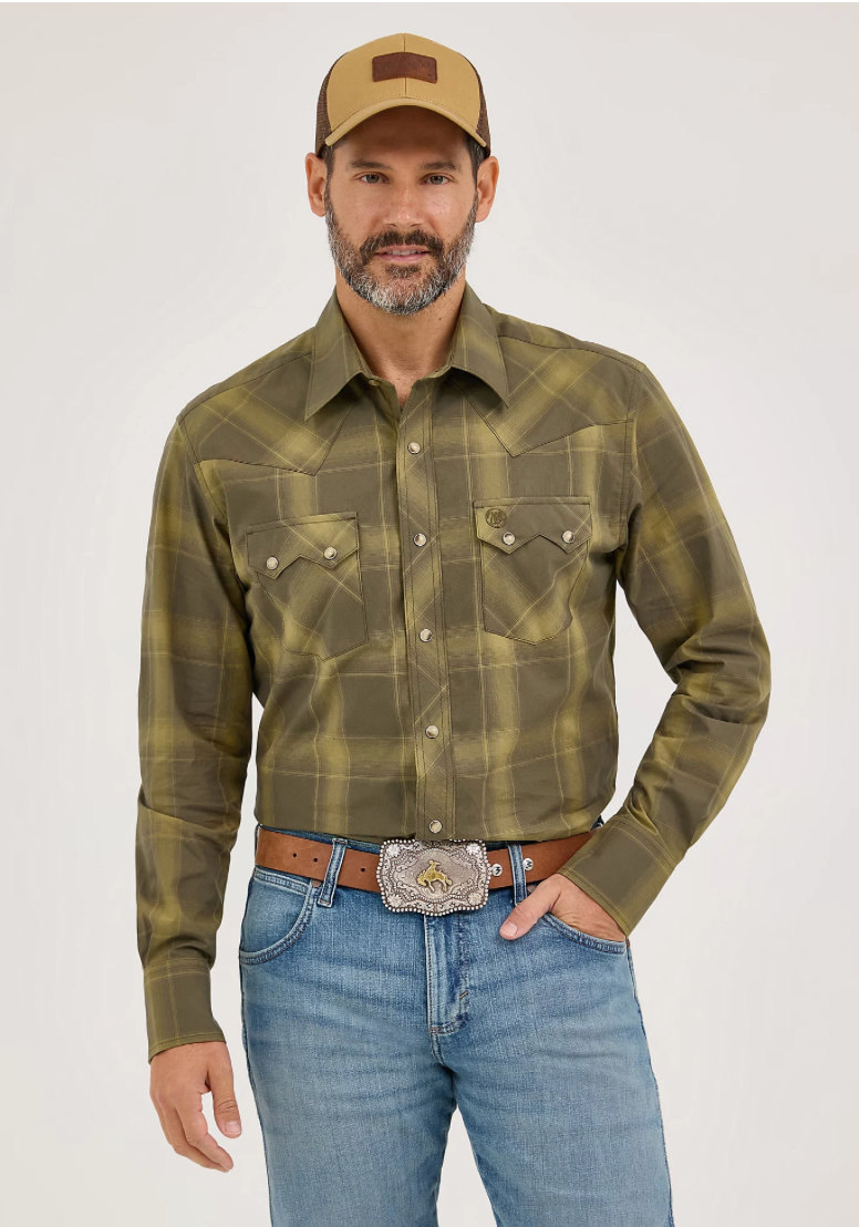 Retro Long Sleeve Sawtooth Snap Pocket Western Shirt -Olive Plaid