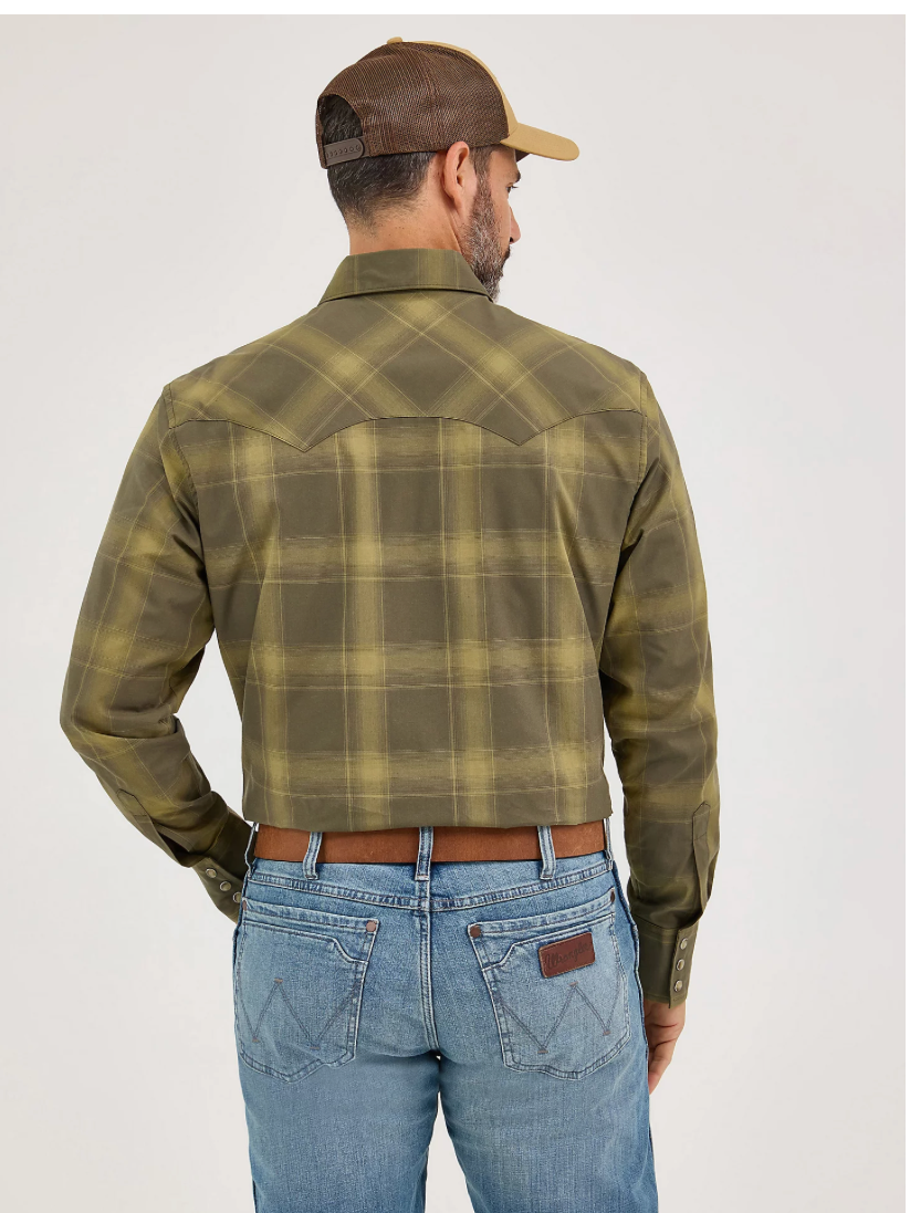 Retro Long Sleeve Sawtooth Snap Pocket Western Shirt -Olive Plaid