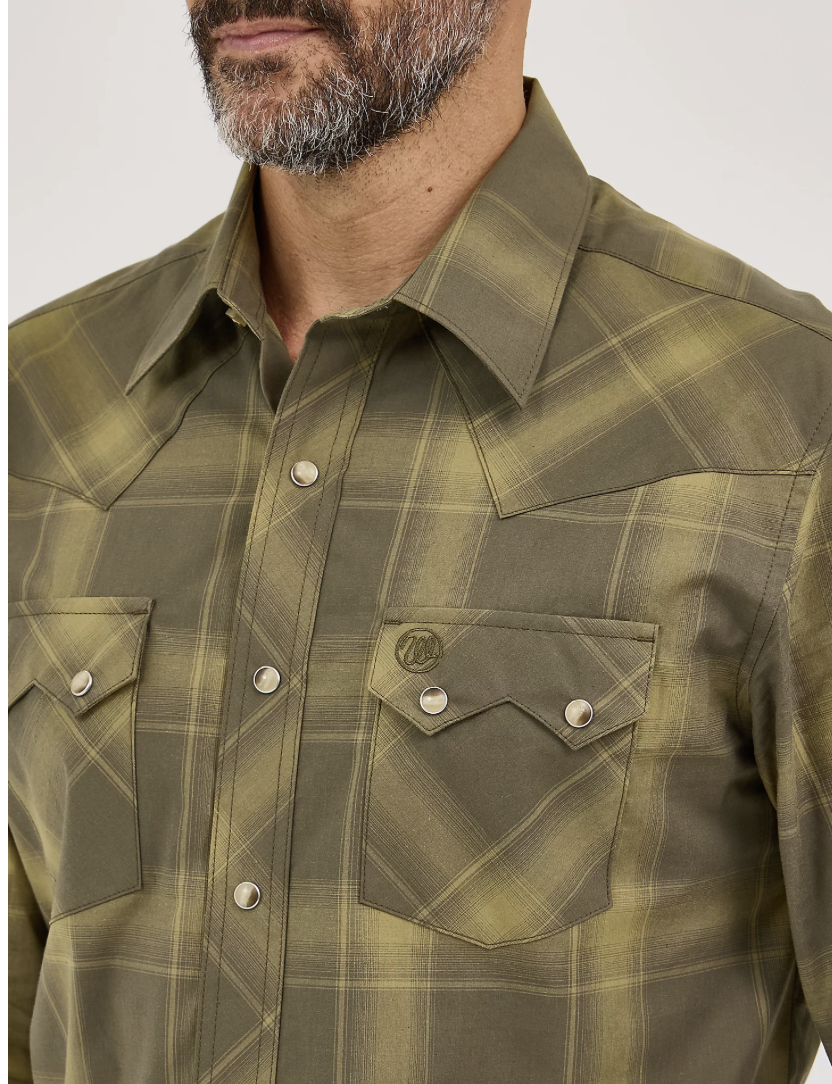 Retro Long Sleeve Sawtooth Snap Pocket Western Shirt -Olive Plaid