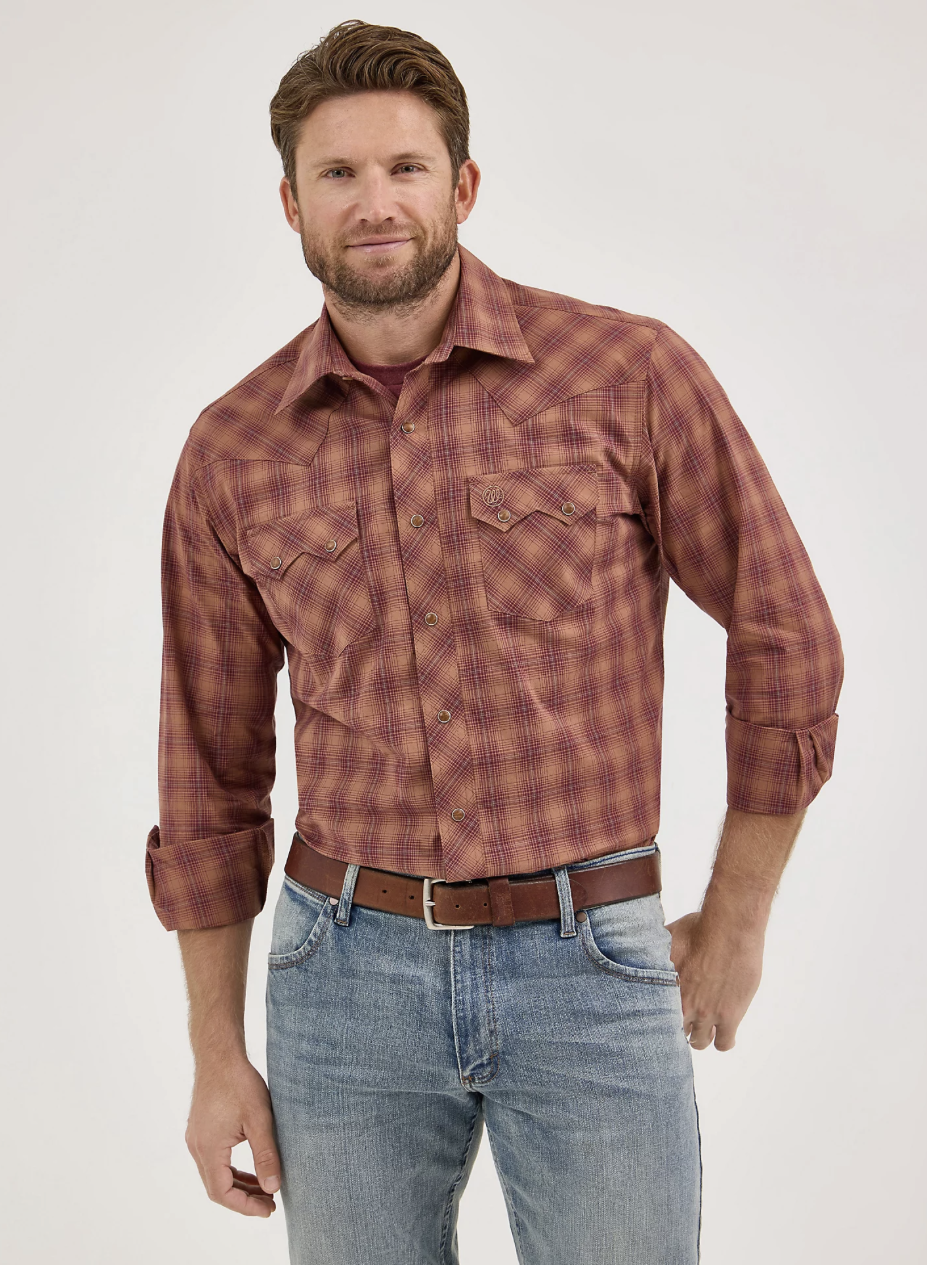 Retro Long Sleeve Sawtooth Snap Pocket Western Shirt - Harvest Plaid