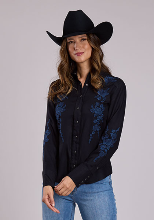 Women's Black Rayon Crepe Retro Western Style Snap Front Blouse