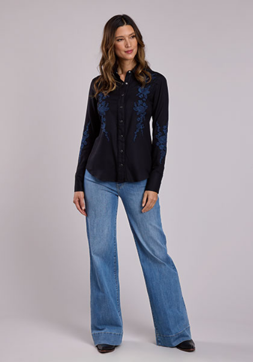 Women's Black Rayon Crepe Retro Western Style Snap Front Blouse