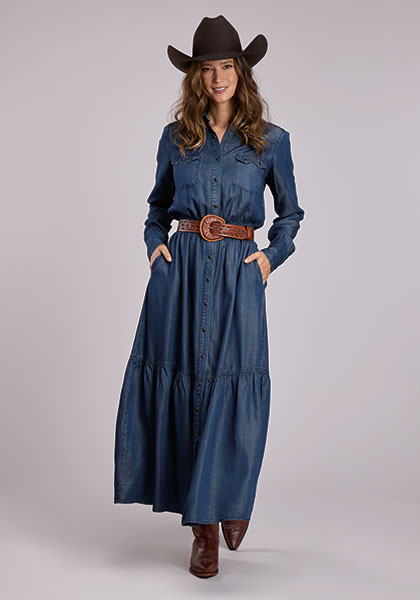 Stetson Women’s Dark Blue Lyocell Denim Long Sleeve 2-Tiered Western Dress