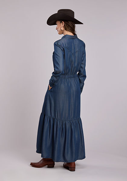 Stetson Women’s Dark Blue Lyocell Denim Long Sleeve 2-Tiered Western Dress