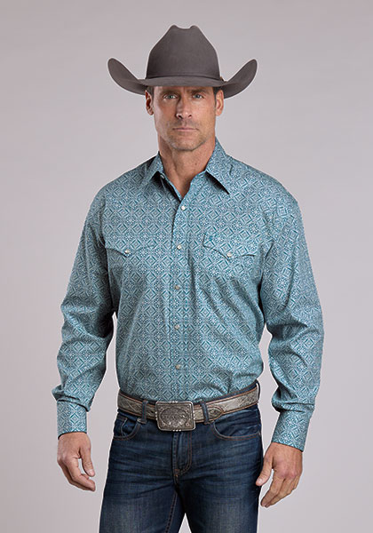 Stetson Men’s Teal Tile Medallion Print Snap Shirt