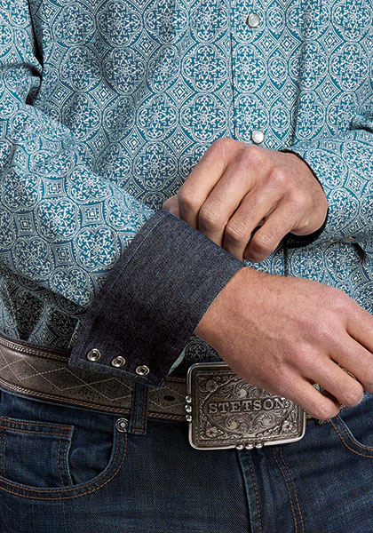 Stetson Men’s Teal Tile Medallion Print Snap Shirt