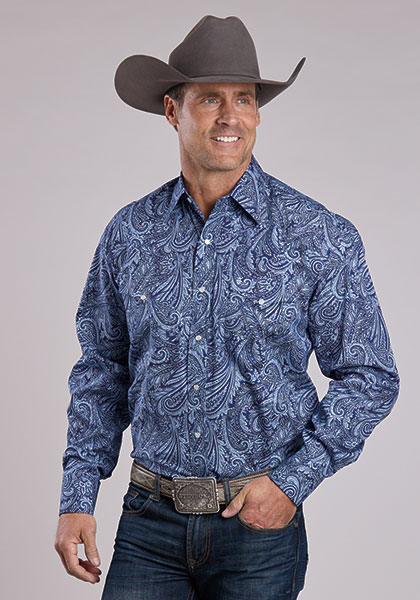 Stetson Men’s Indigo Plume Paisley Print Western Snap Shirt