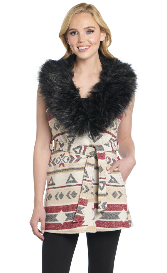 Navajo Tie Front Blanket Wrap Vest W/ Faux Fur Collar