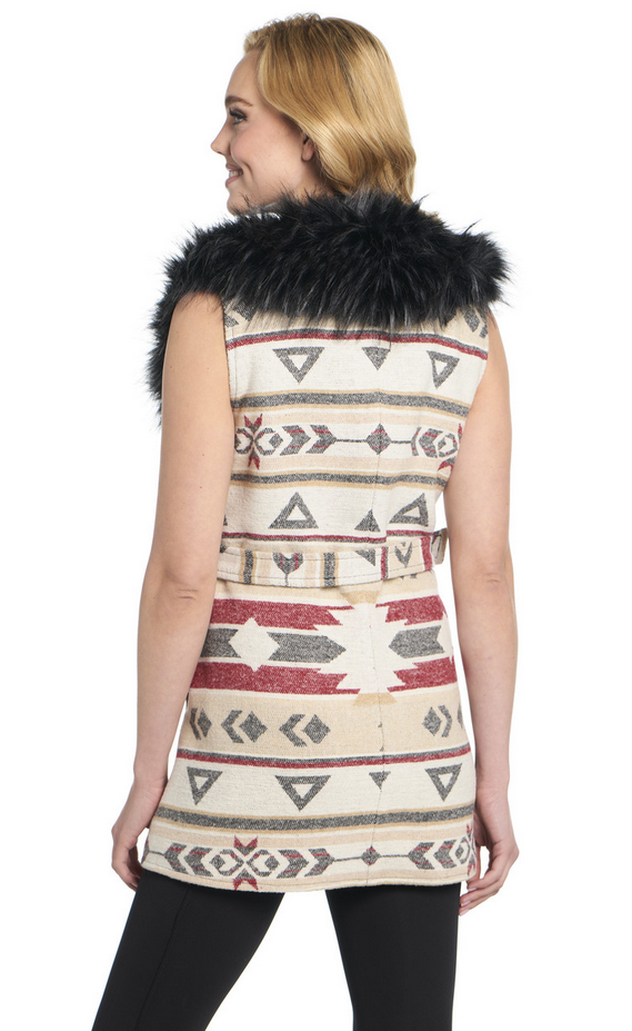 Navajo Tie Front Blanket Wrap Vest W/ Faux Fur Collar