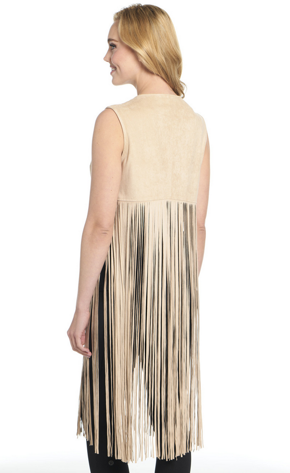 Open Front Double-Faced Microsuede Crop Vest W/ Stud Detail And Fringe