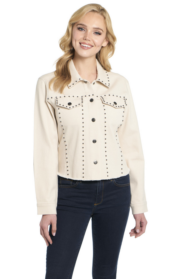 Studded, Unlined Snap Front Jacket W/ Raw Edging