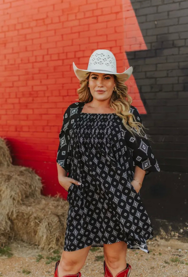 Black Aztec Printed Pleated Square Neck Dress