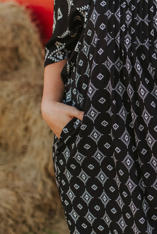 Black Aztec Printed Pleated Square Neck Dress