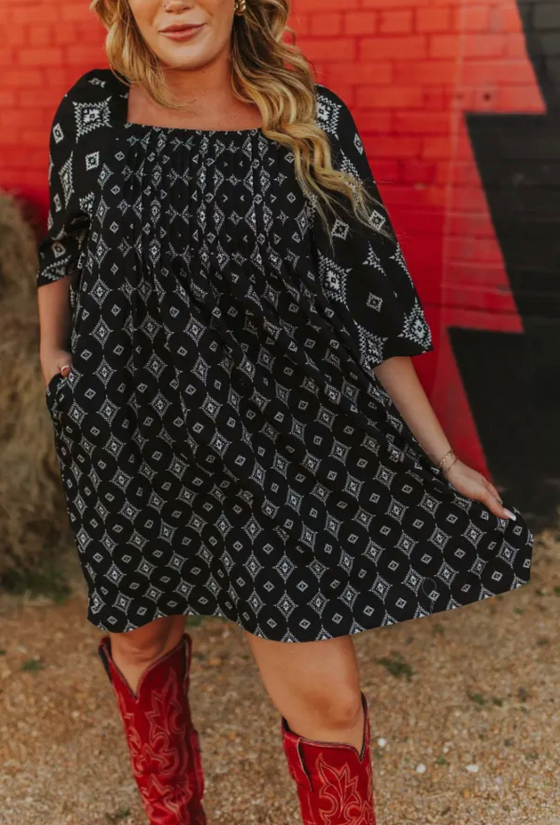Black Aztec Printed Pleated Square Neck Dress