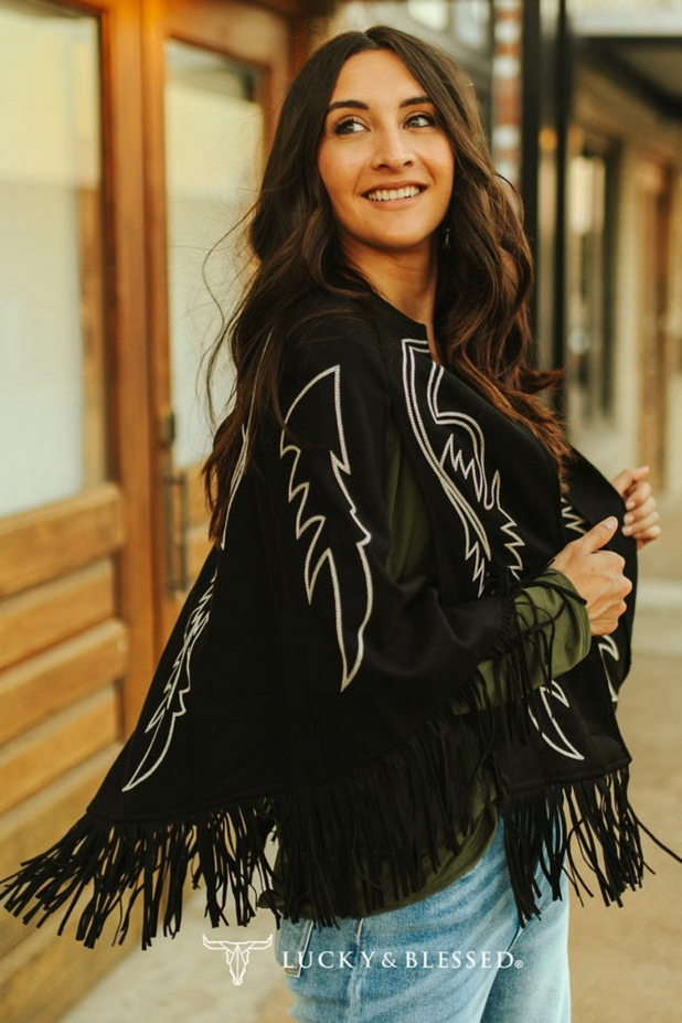 Black Suede Boot Stitch Embroidered Fringe Cape