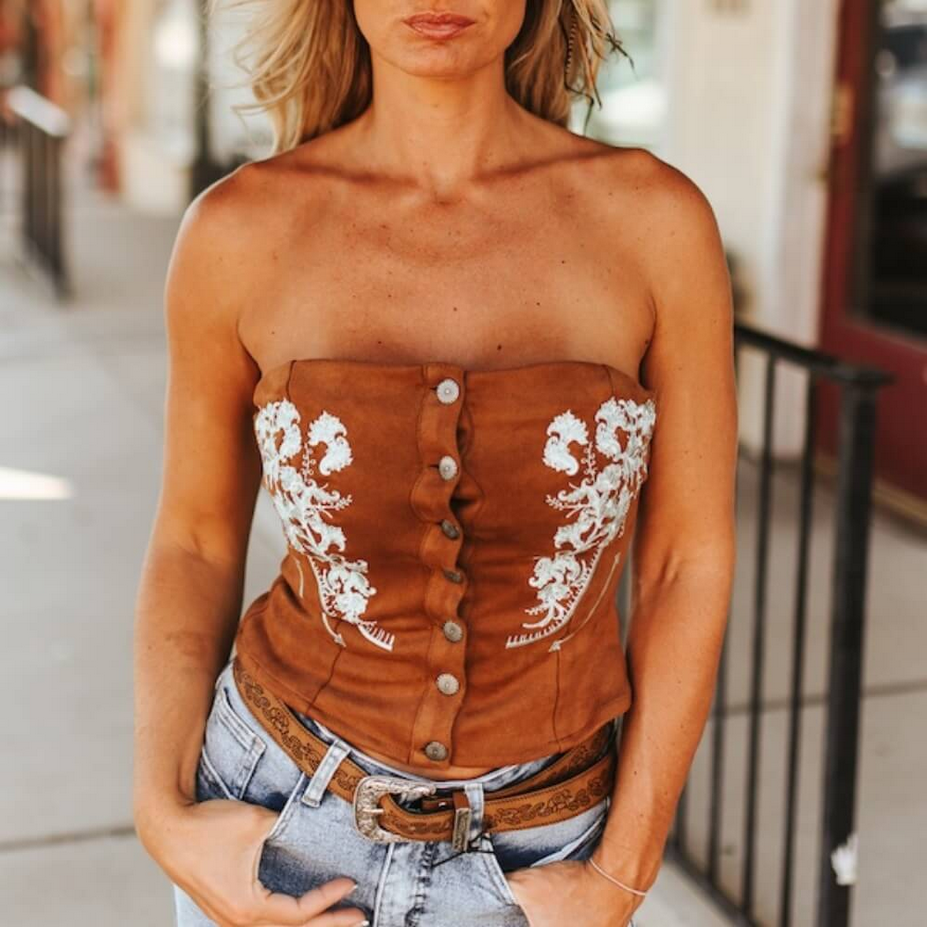 Camel Floral Embroidery Corset Top | Lucky & Blessed – Howell Western Wear
