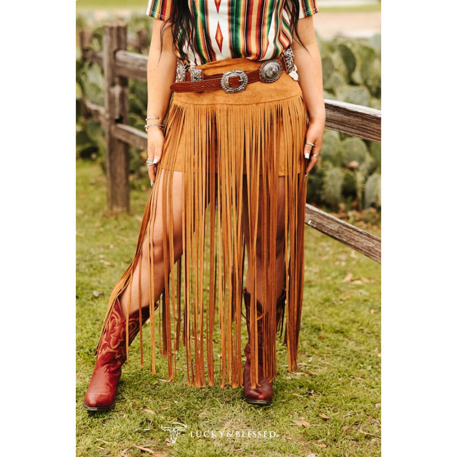 Stretch Suede Long Fringe Skirt