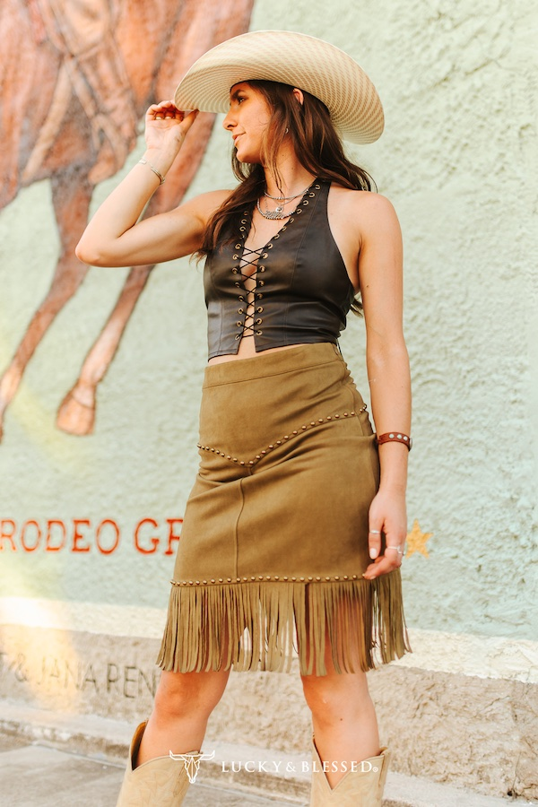 Camel Stretch Suede Fringe Hem Studded Western Skirt