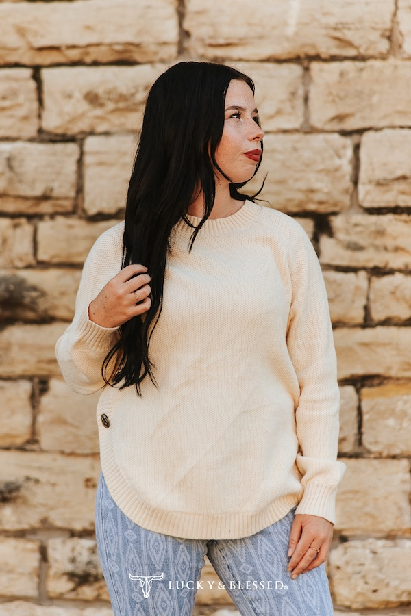 Ivory Knitted Round Hem Sweater Buffalo Button Detail