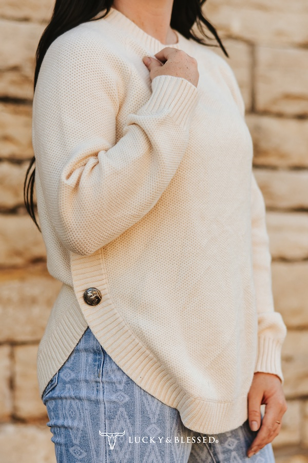 Ivory Knitted Round Hem Sweater Buffalo Button Detail