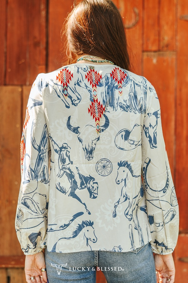 Ivory Western Printed Long Sleeve Elastic Cuff Top