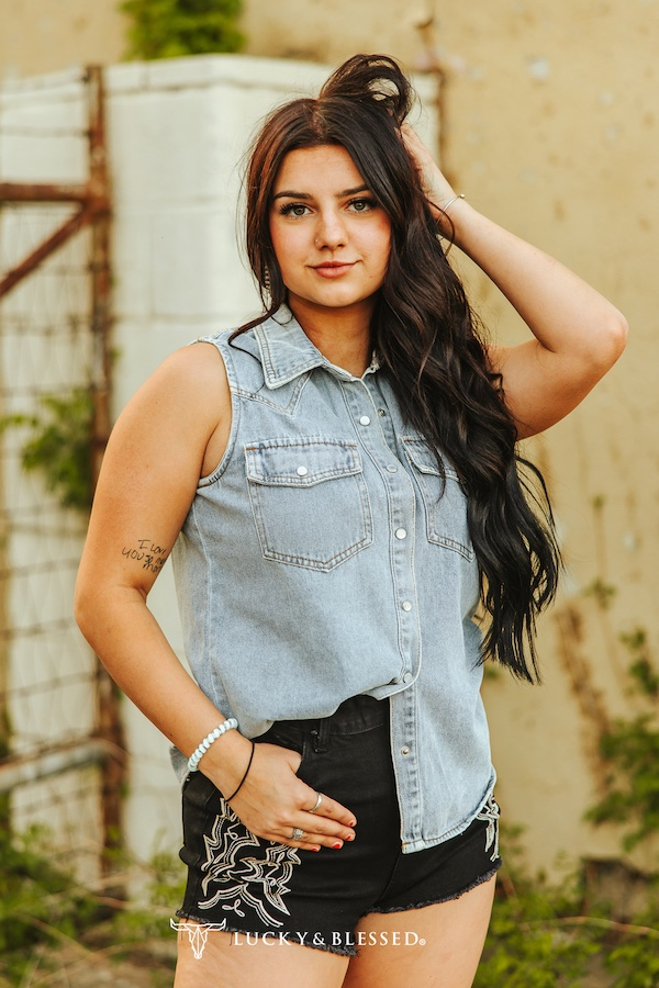 Mineral Wash Denim Button Down Sleeveless Shirt