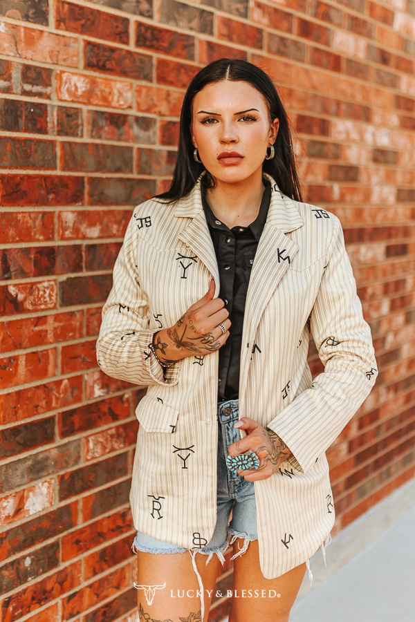 Pinstripe Cattle Branded Western Yoke Button Down Blazer