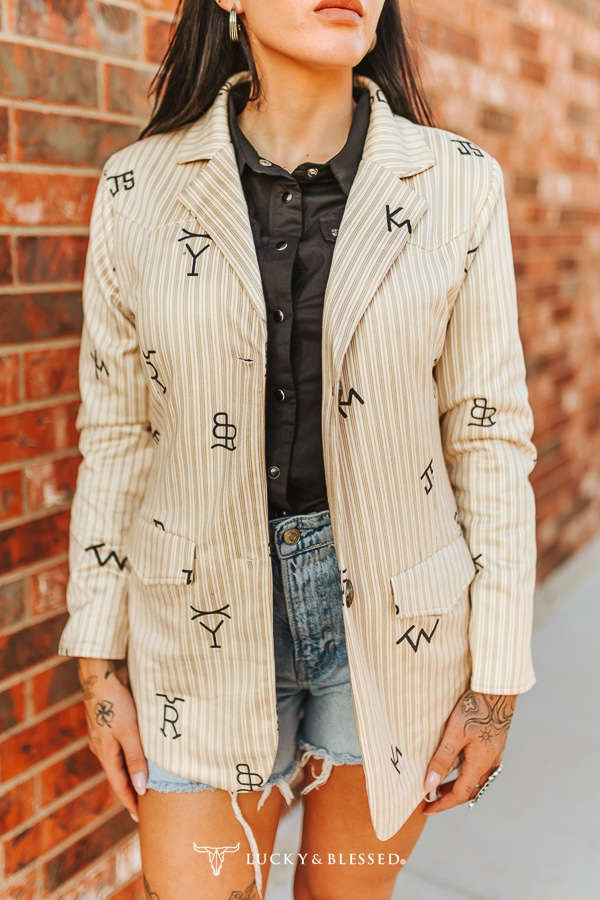 Pinstripe Cattle Branded Western Yoke Button Down Blazer