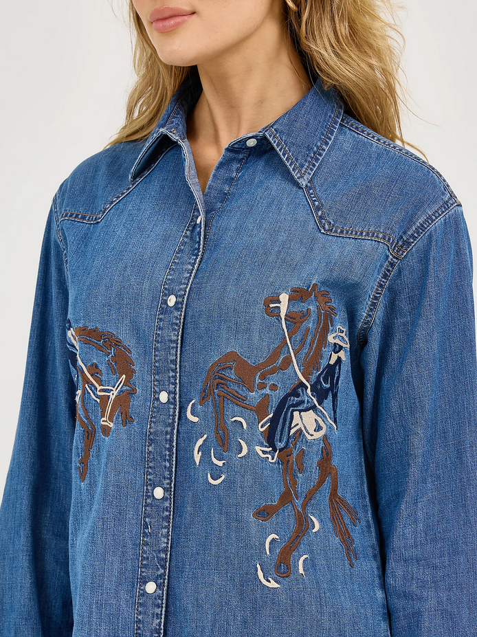Embroidered Horses Boyfriend Snap Shirt