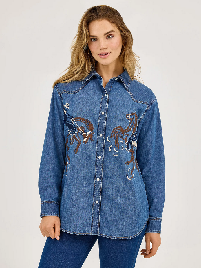 Embroidered Horses Boyfriend Snap Shirt