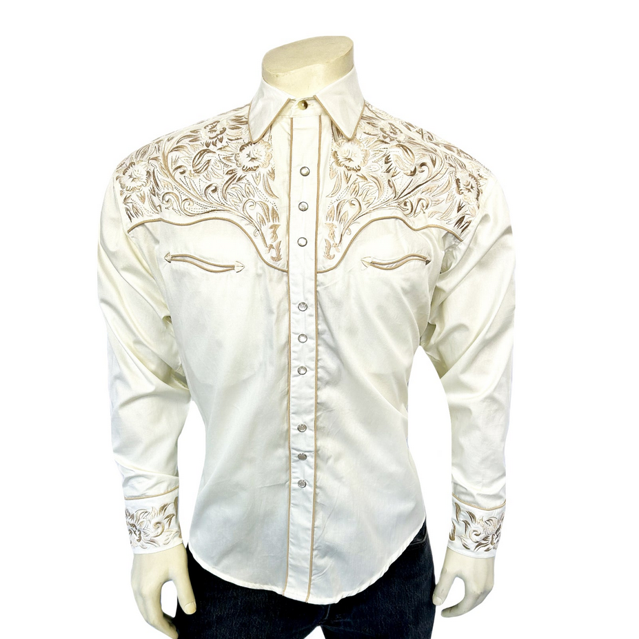 Men's Vintage Ivory-on-Ivory Tooling Embroidered Western Shirt