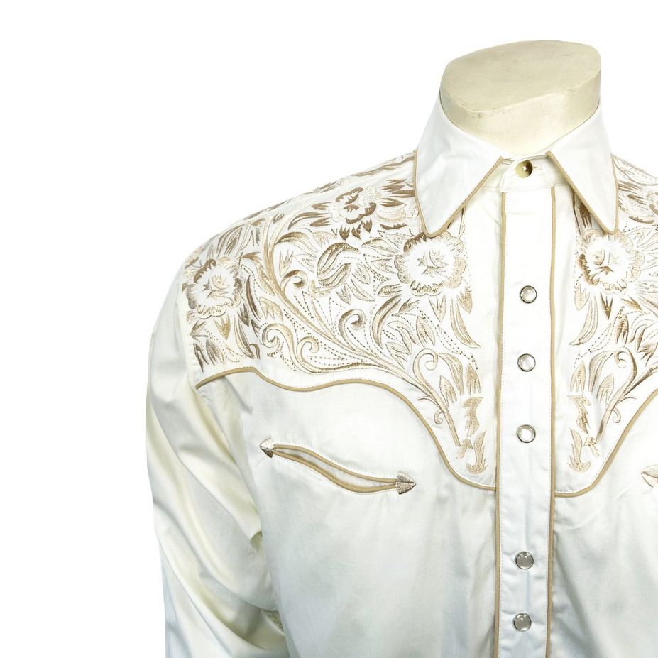 Men's Vintage Ivory-on-Ivory Tooling Embroidered Western Shirt