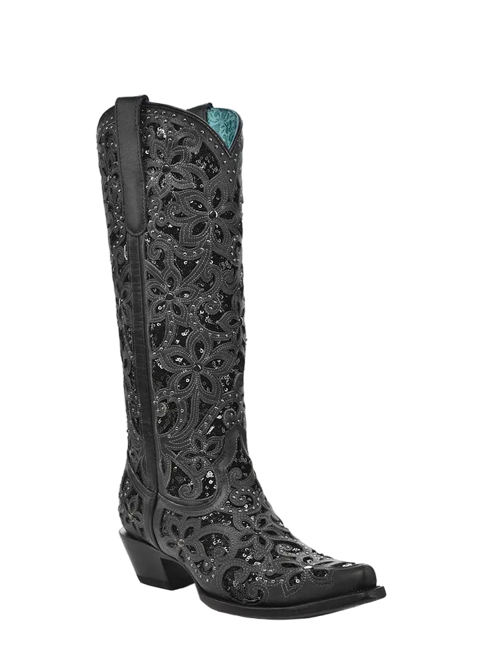 A3589 Black Glitter Floral Crystal Stud Snip Toe Boot