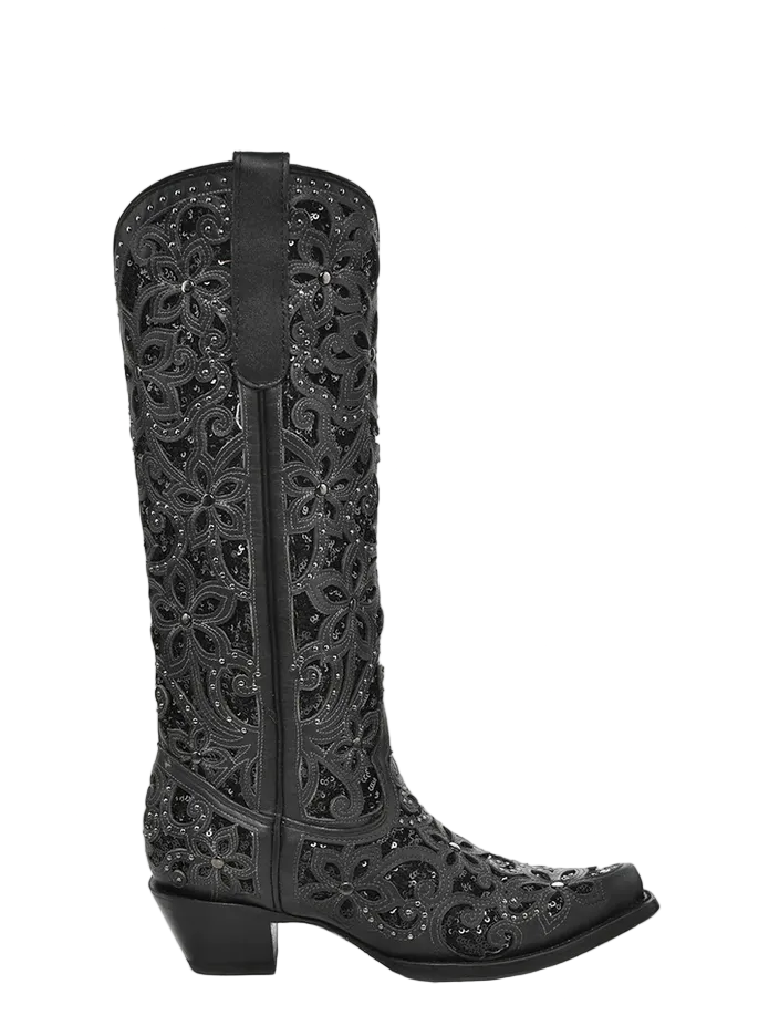 A3589 Black Glitter Floral Crystal Stud Snip Toe Boot