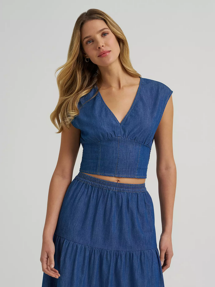 Women's Wrangler Smocked Crop Denim Blouse