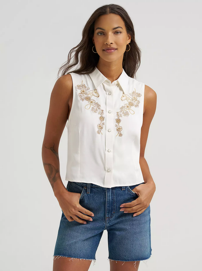 Women's Wrangler Embroidered Sleeveless Snap Shirt