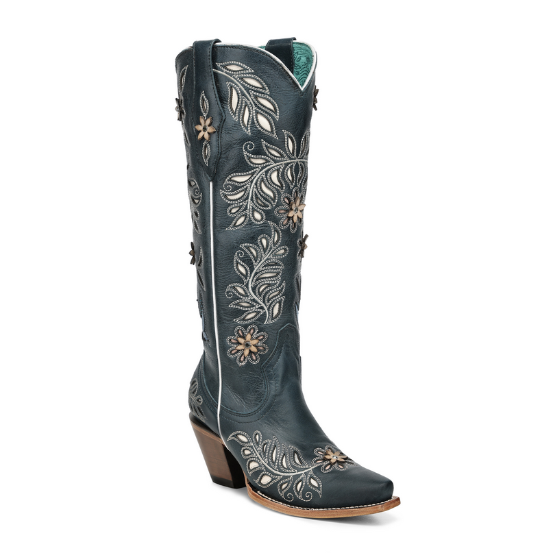 Z5431 Navy Blue Laser Flower Crystal Inlay Boot