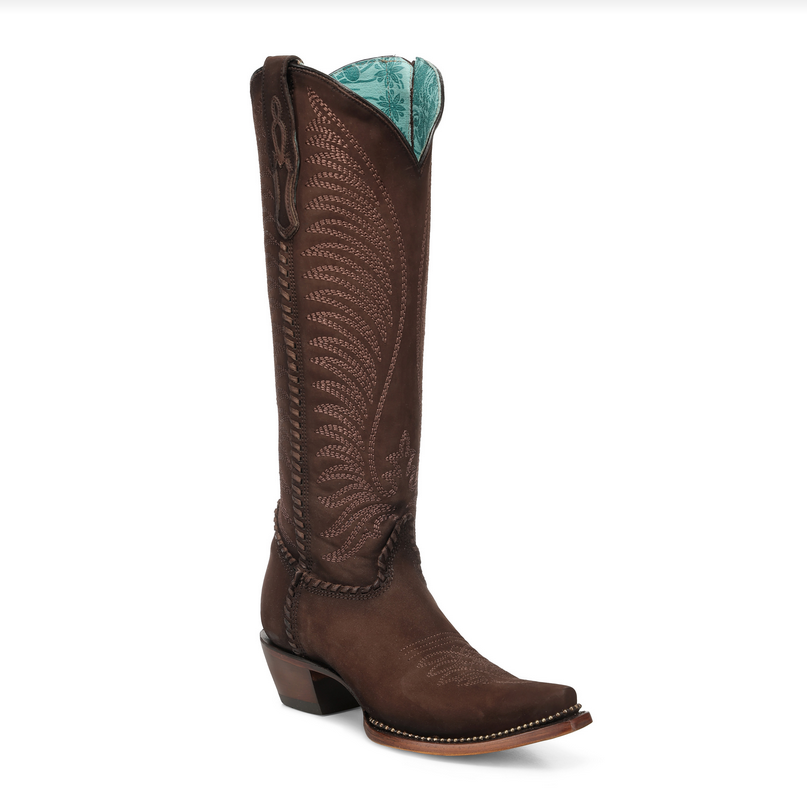 A5087 Brown Embroidered Metallic Welt Tall Boot