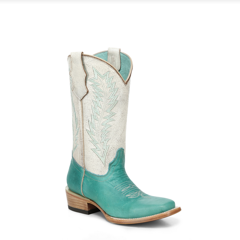T0258 Teen White & Aqua Embroidered Square Toe Western Boot